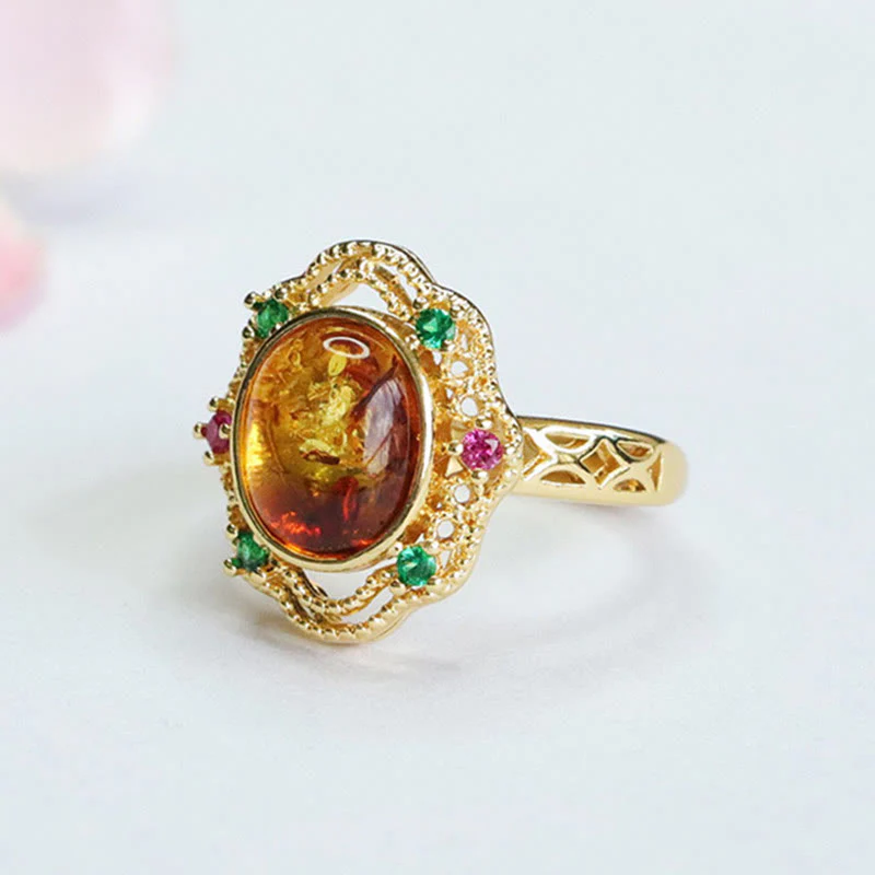 Anello di fiducia in Buddha Stones con fiore di ambra cava in pizzo - Image 4