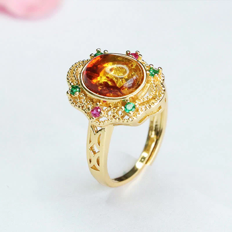 Anello di fiducia in Buddha Stones con fiore di ambra cava in pizzo - Image 5