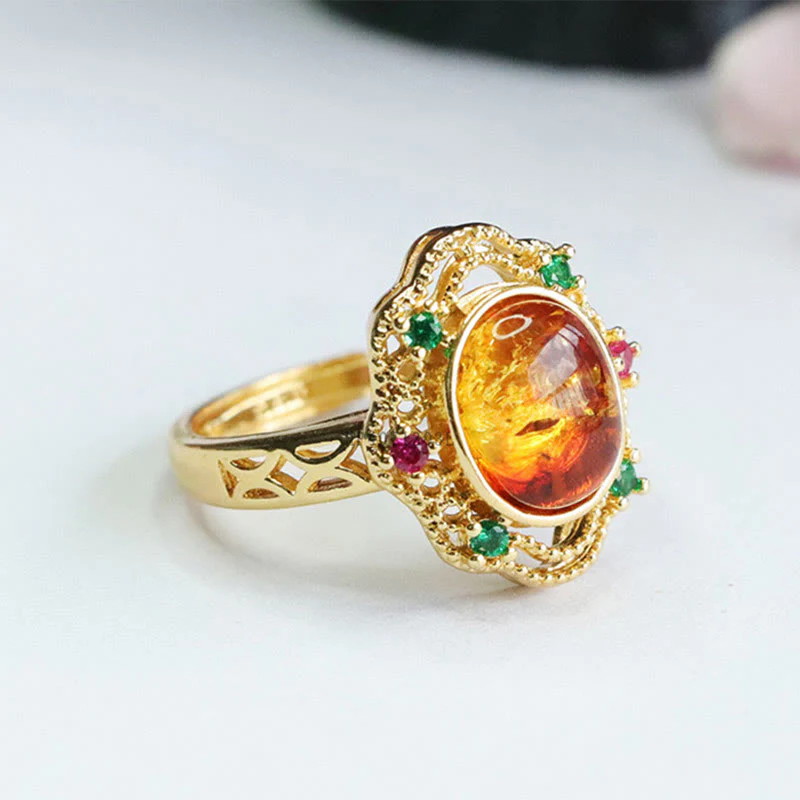 Anello di fiducia in Buddha Stones con fiore di ambra cava in pizzo - Image 6