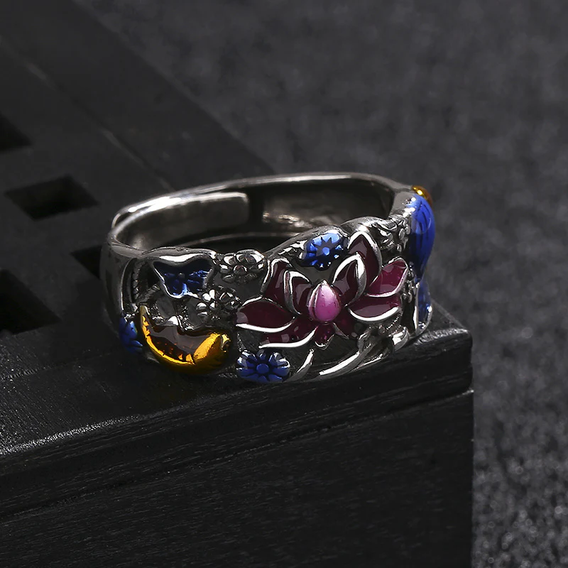 Anello di fortuna e ricchezza con Buddha Stones, pesce koi, fiore di loto e foglia. - Image 10