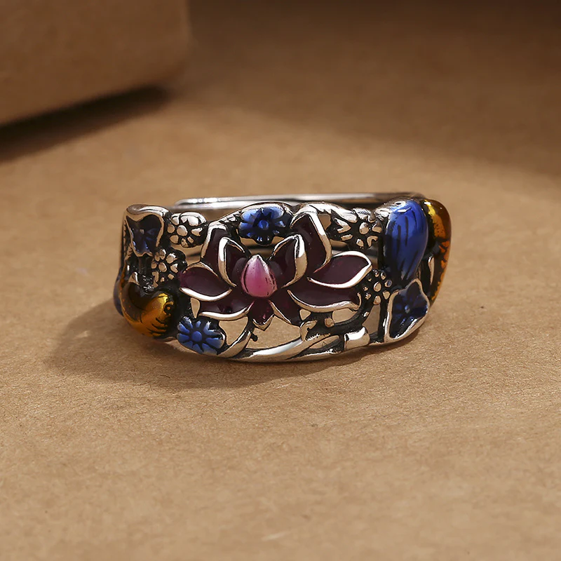 Anello di fortuna e ricchezza con Buddha Stones, pesce koi, fiore di loto e foglia. - Image 6