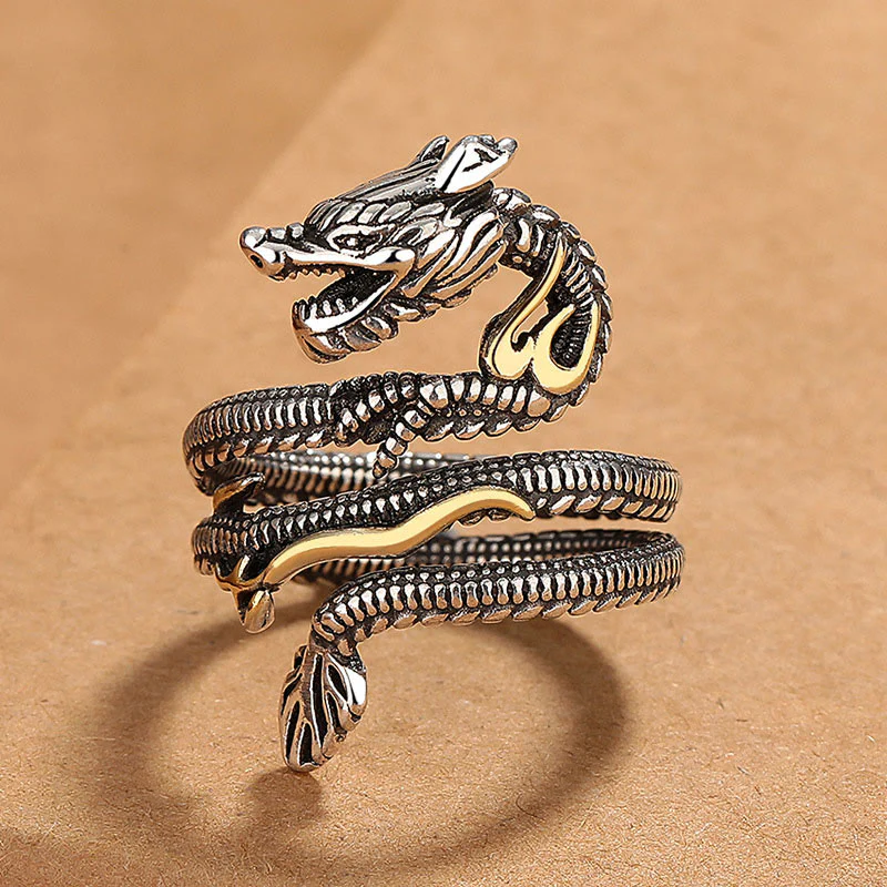 Anello di forza in rame con motivo drago vintage Buddha Stones