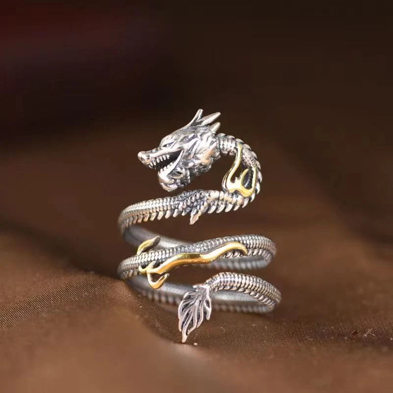 Anello di protezione con motivo a drago vintage Buddha Stones