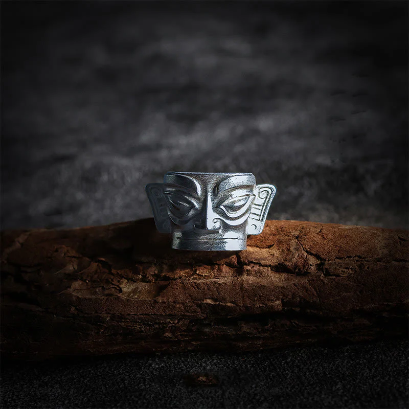 Anello di protezione per maschera Sanxingdui in argento sterling 999 Buddha Stones e fusione a mano