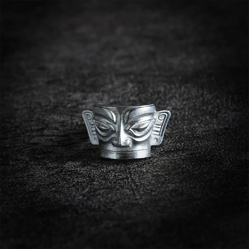 Anello di protezione per maschera Sanxingdui in argento sterling 999 Buddha Stones e fusione a mano - Image 10