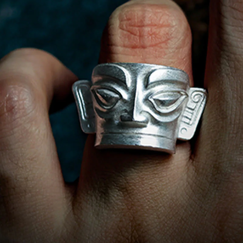 Anello di protezione per maschera Sanxingdui in argento sterling 999 Buddha Stones e fusione a mano - Image 12