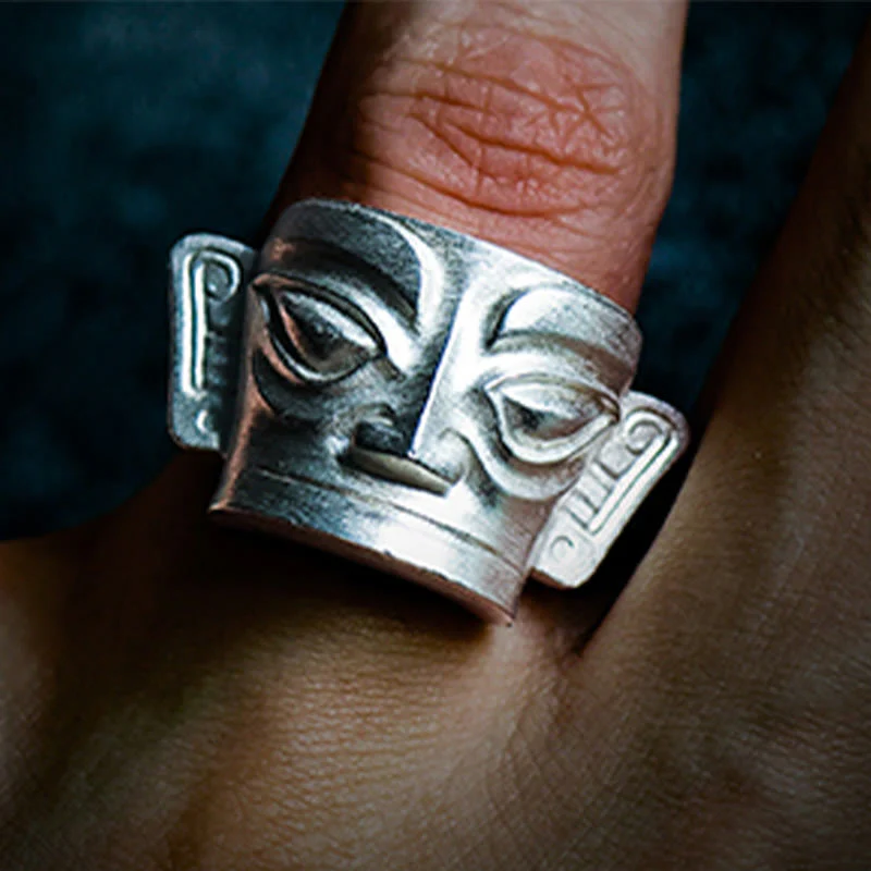 Anello di protezione per maschera Sanxingdui in argento sterling 999 Buddha Stones e fusione a mano - Image 13