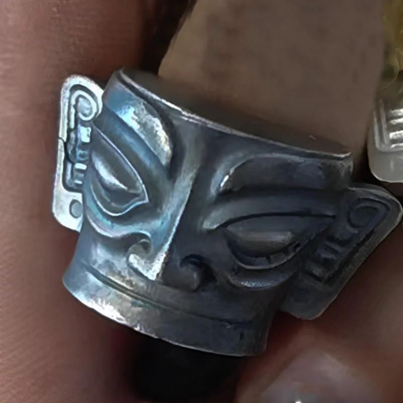 Anello di protezione per maschera Sanxingdui in argento sterling 999 Buddha Stones e fusione a mano - Image 14