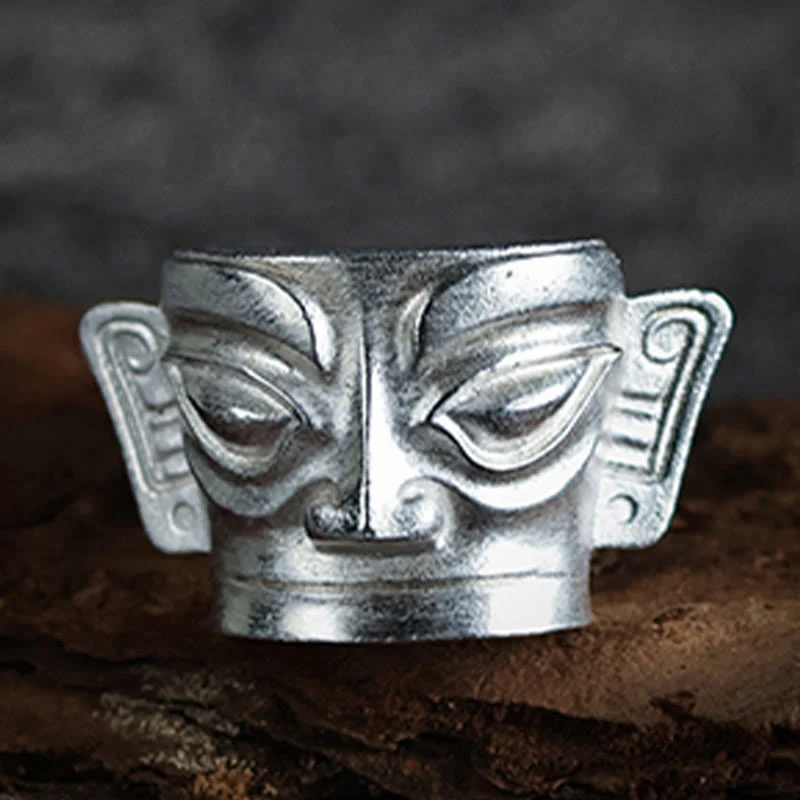 Anello di protezione per maschera Sanxingdui in argento sterling 999 Buddha Stones e fusione a mano - Image 2