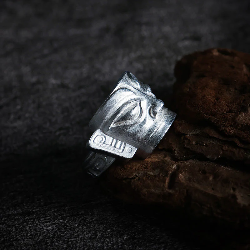 Anello di protezione per maschera Sanxingdui in argento sterling 999 Buddha Stones e fusione a mano - Image 3