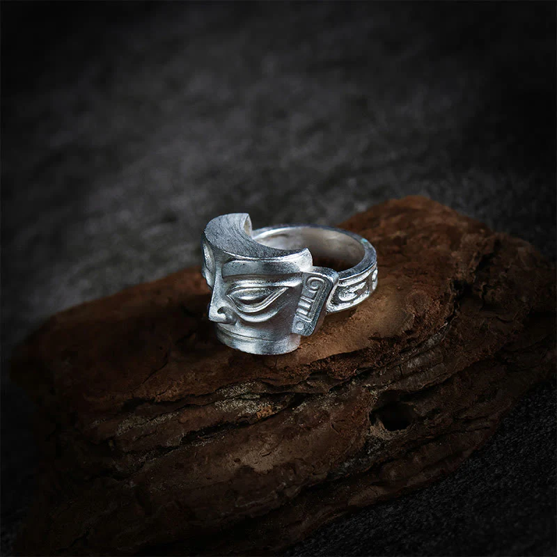 Anello di protezione per maschera Sanxingdui in argento sterling 999 Buddha Stones e fusione a mano - Image 4