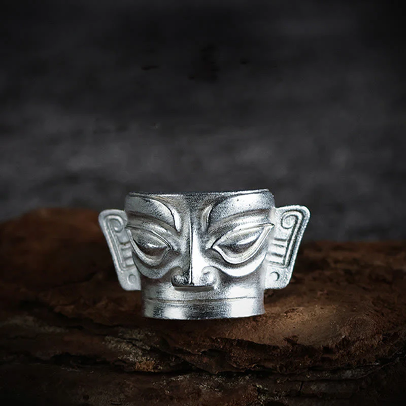 Anello di protezione per maschera Sanxingdui in argento sterling 999 Buddha Stones e fusione a mano - Image 9