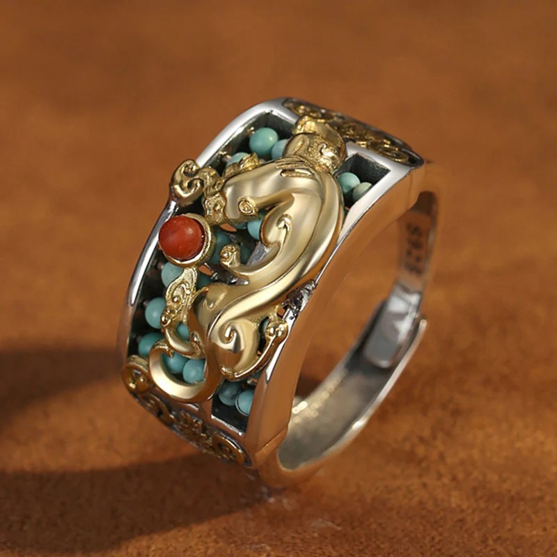 Anello di protezione PiXiu Abacus in argento sterling 925 Buddha Stones e agata rossa turchese - Image 6