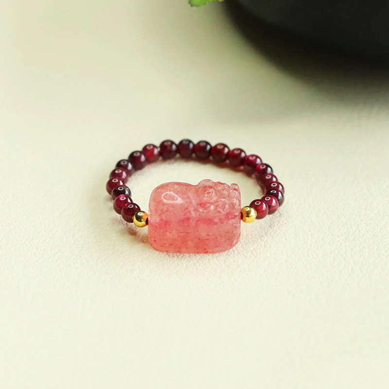 Anello di protezione Pixiu con perle di granato e quarzo fragola Buddha Stones - Image 2