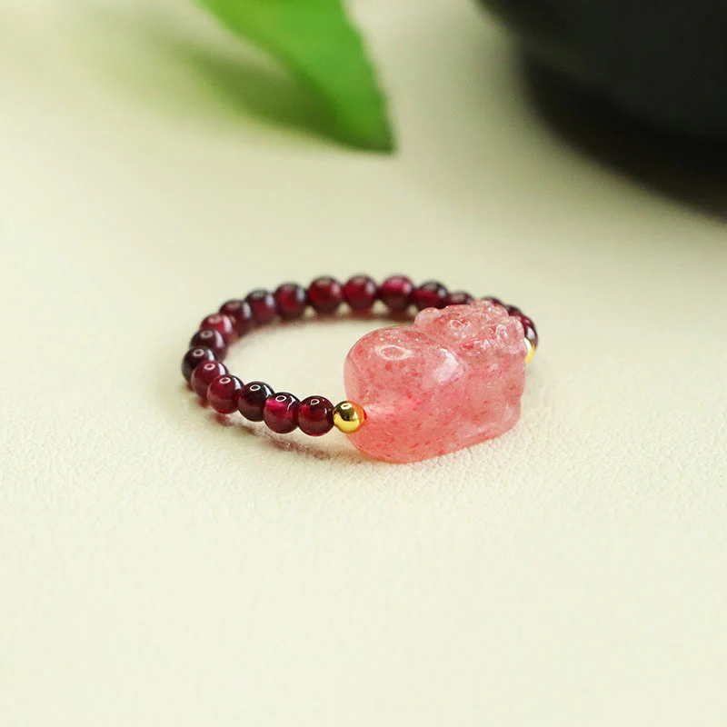 Anello di protezione Pixiu con perle di granato e quarzo fragola Buddha Stones - Image 3
