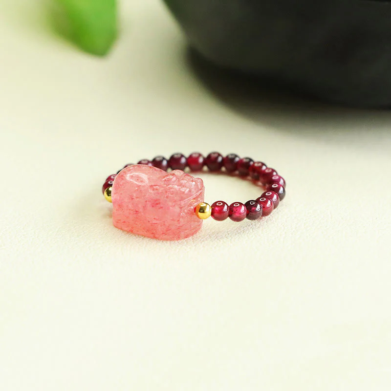Anello di protezione Pixiu con perle di granato e quarzo fragola Buddha Stones - Image 4