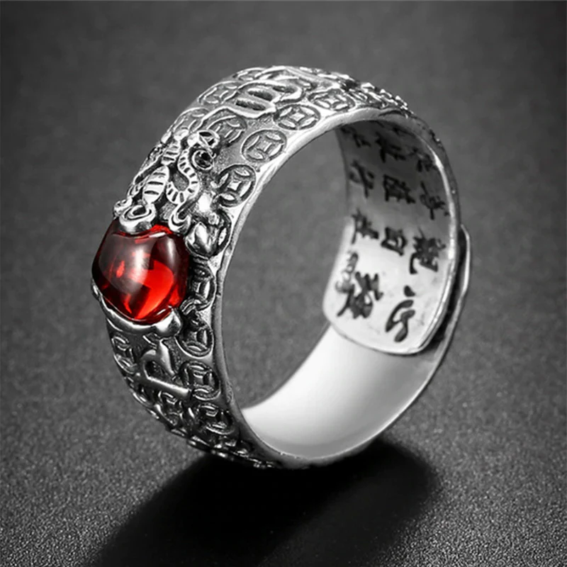 Anello di ricchezza in granato rosso PiXiu FengShui Buddha Stones