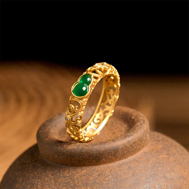 Anello di ricchezza in lega di rame con calcedonio verde zucca vintage Buddha Stones