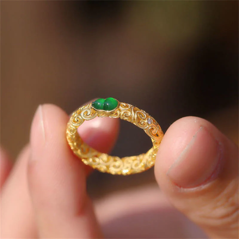 Anello di ricchezza in lega di rame con calcedonio verde zucca vintage Buddha Stones - Image 11