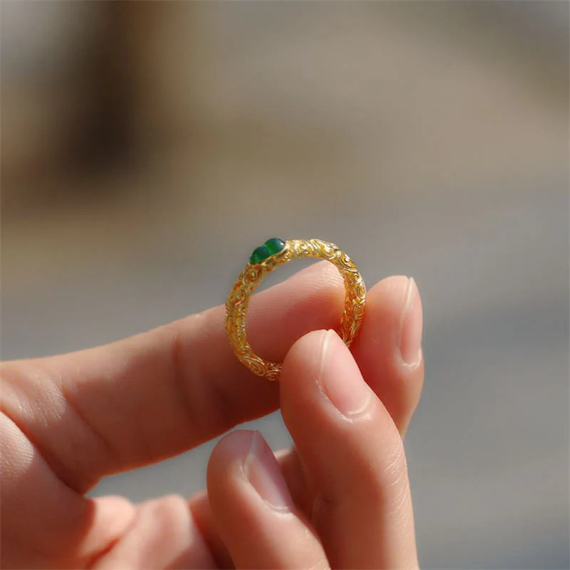 Anello di ricchezza in lega di rame con calcedonio verde zucca vintage Buddha Stones - Image 12
