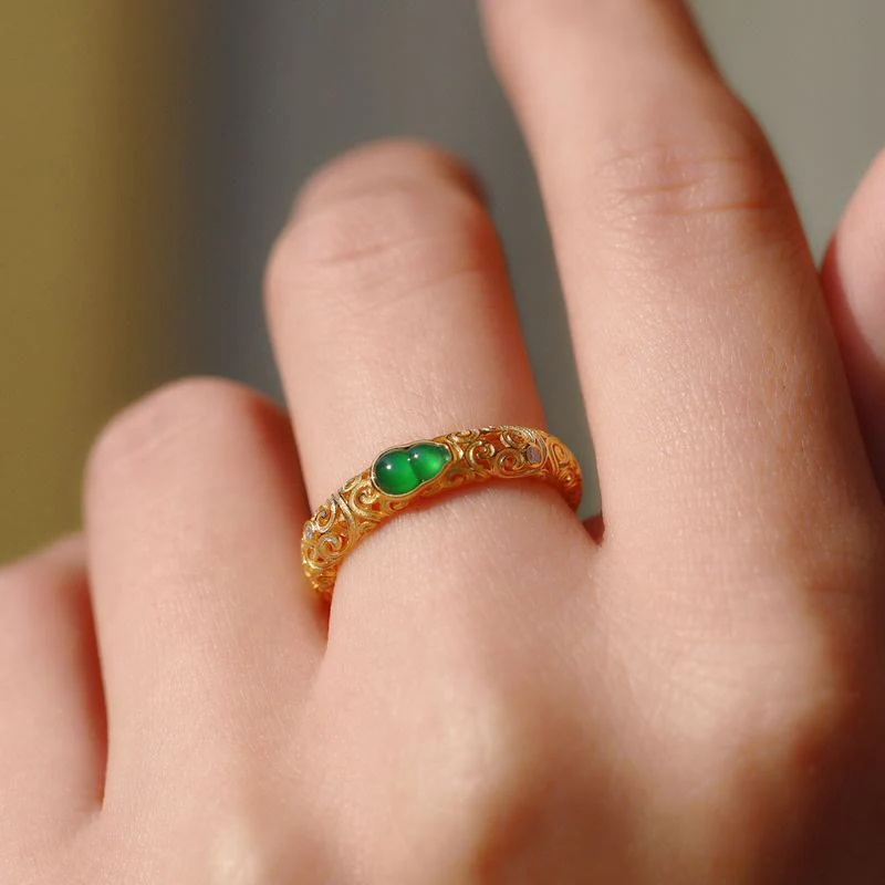 Anello di ricchezza in lega di rame con calcedonio verde zucca vintage Buddha Stones - Image 13