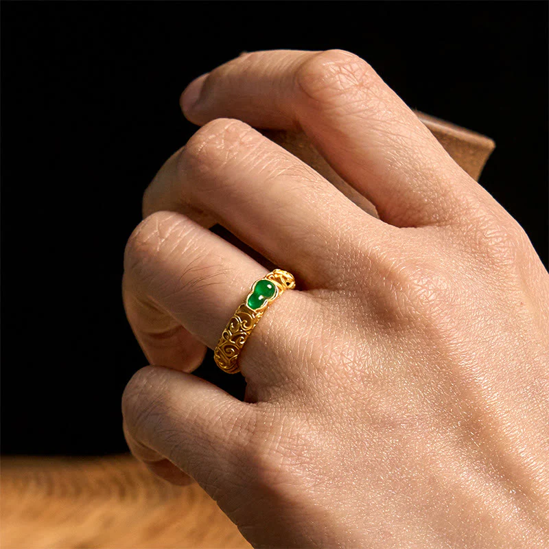 Anello di ricchezza in lega di rame con calcedonio verde zucca vintage Buddha Stones - Image 17