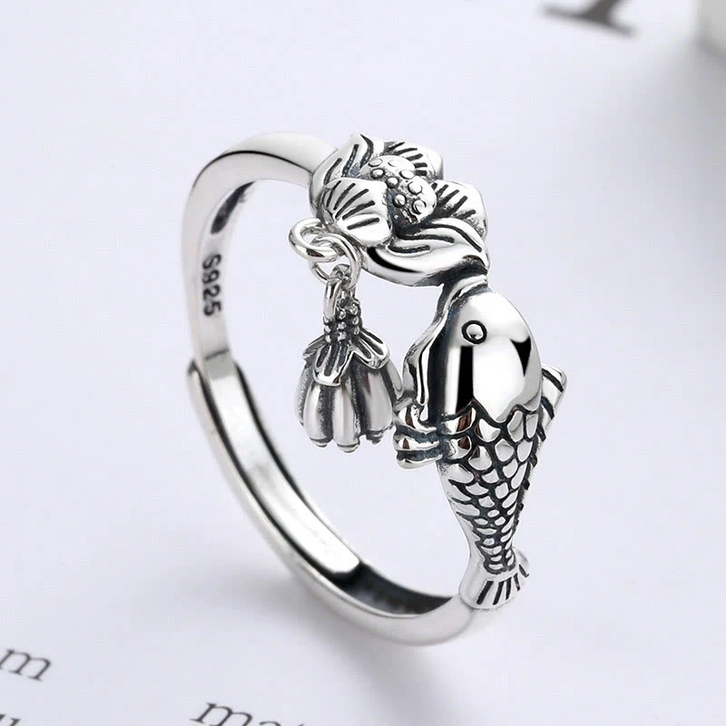 Anello di successo con fiore di loto e pesce koi in argento sterling 925 Buddha Stones - Image 3