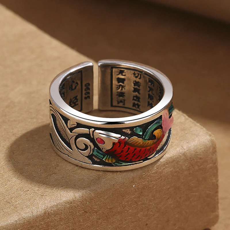 Anello di successo del Sutra del cuore del pesce koi in smalto blu Buddha Stones - Image 3