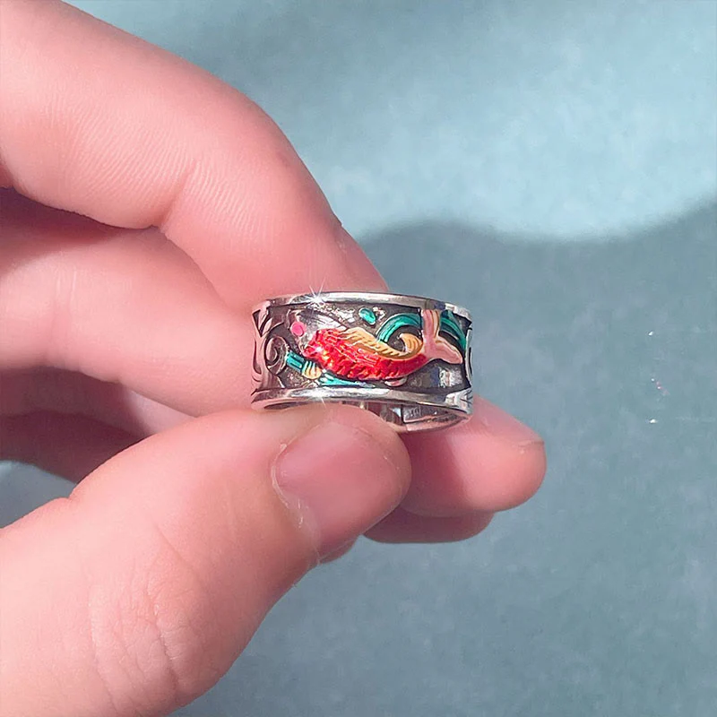Anello di successo del Sutra del cuore del pesce koi in smalto blu Buddha Stones - Image 4