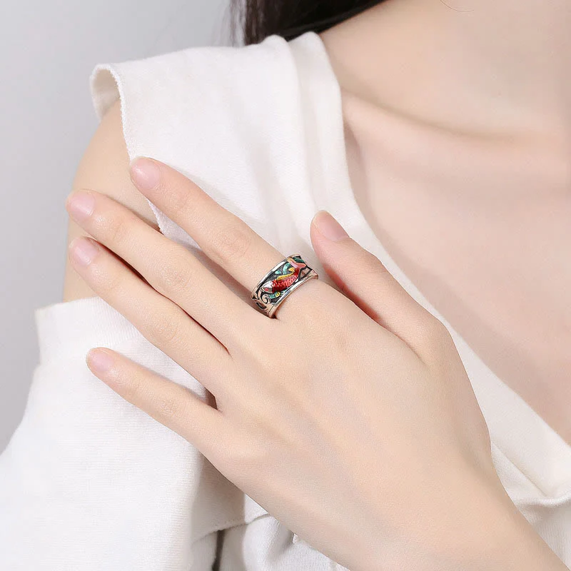 Anello di successo del Sutra del cuore del pesce koi in smalto blu Buddha Stones - Image 5