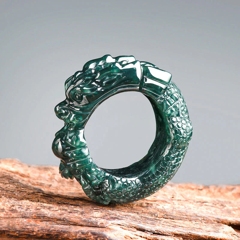 Anello di successo intagliato con drago di giada ciano naturale Buddha Stones - Image 2