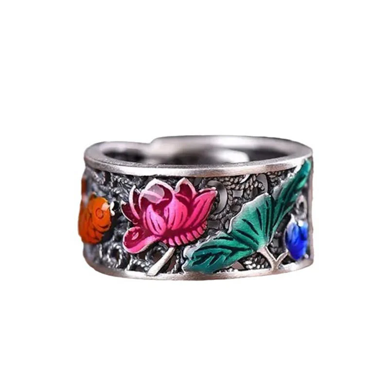 Anello portafortuna con pesce koi Buddha Stones in rame e smalto blu con cuore di loto Sutra - Image 11