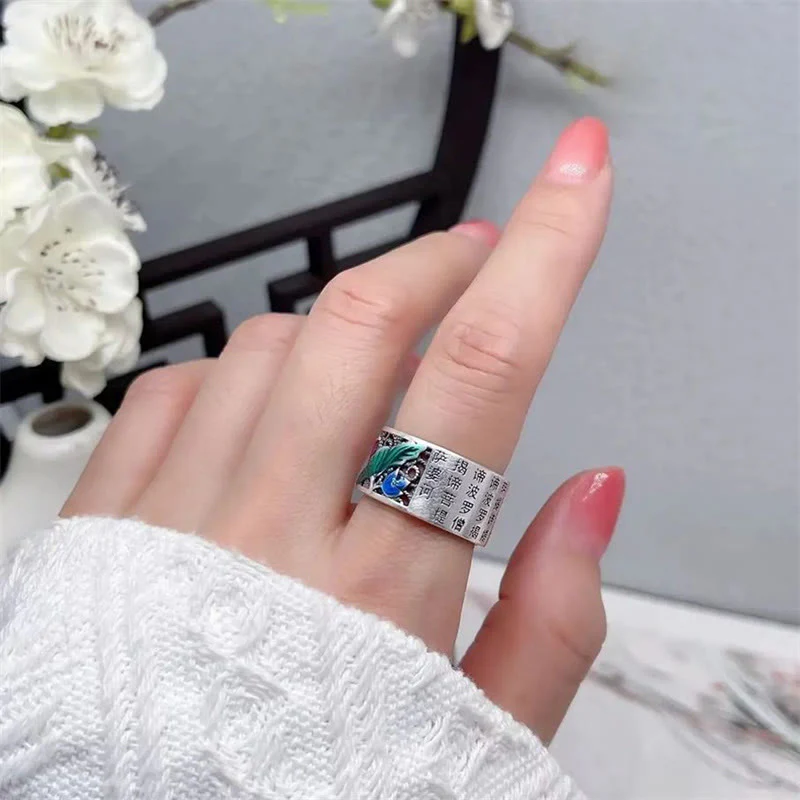 Anello portafortuna con pesce koi Buddha Stones in rame e smalto blu con cuore di loto Sutra - Image 15