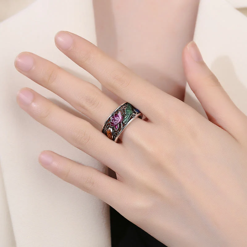 Anello portafortuna con pesce koi Buddha Stones in rame e smalto blu con cuore di loto Sutra - Image 16