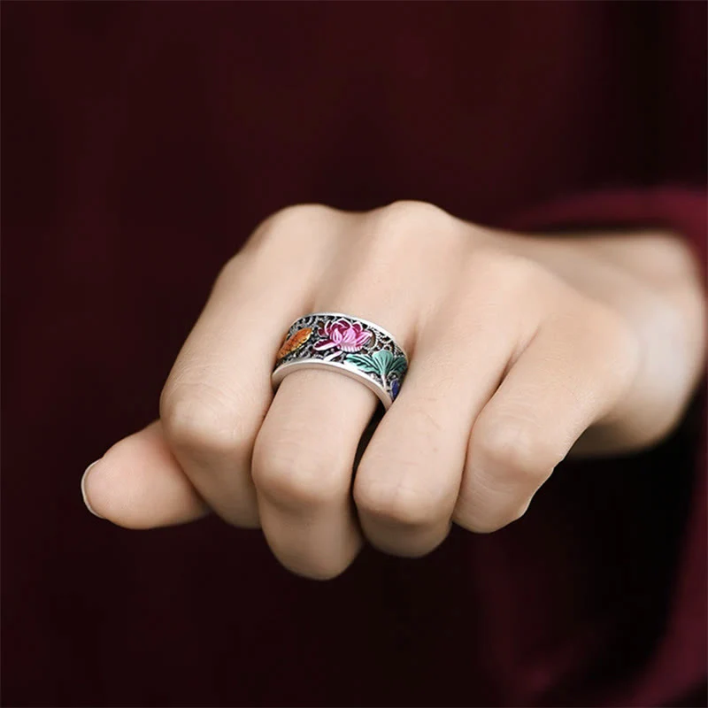Anello portafortuna con pesce koi Buddha Stones in rame e smalto blu con cuore di loto Sutra - Image 5