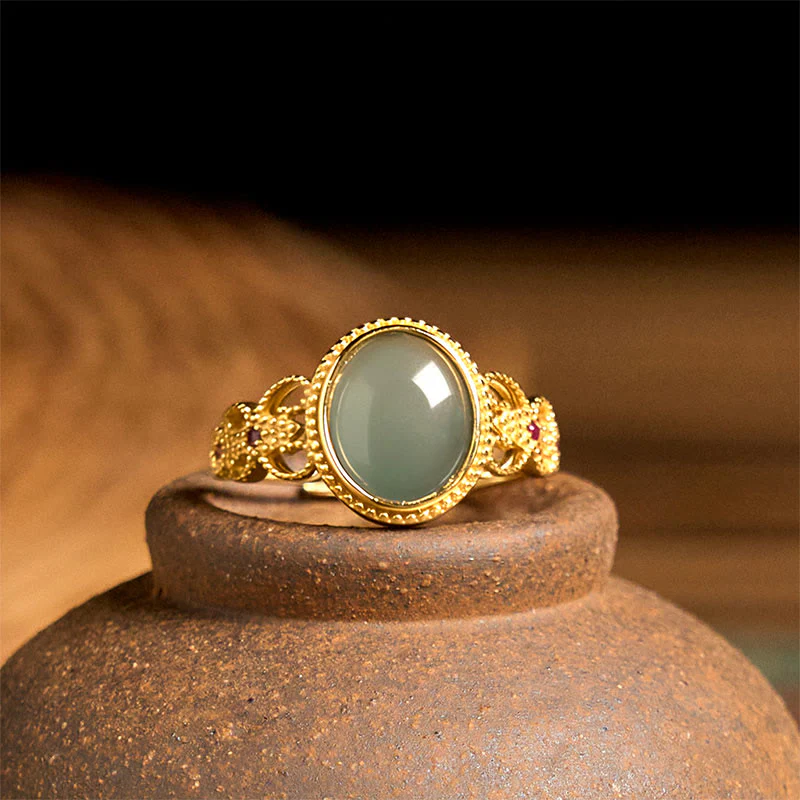 Anello portafortuna in giada con design cavo, placcato in oro e argento sterling 925 naturale Buddha Stones - Image 10