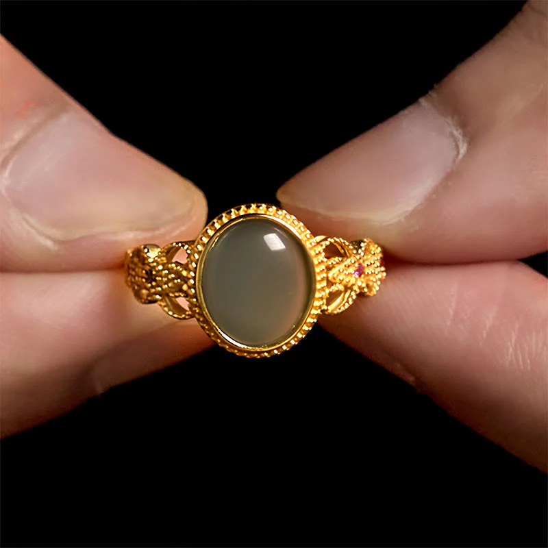 Anello portafortuna in giada con design cavo, placcato in oro e argento sterling 925 naturale Buddha Stones - Image 16