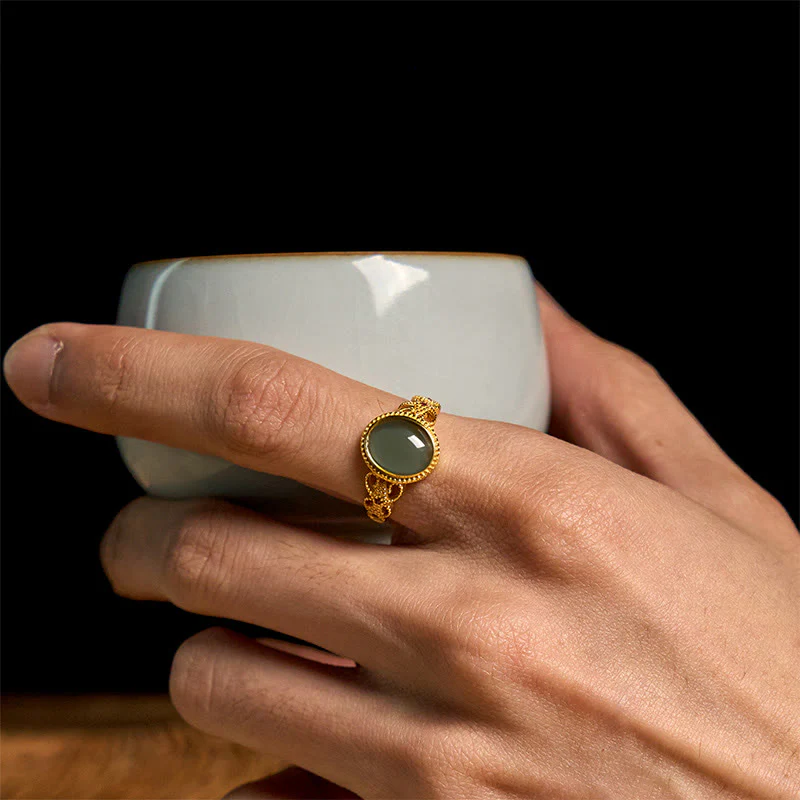 Anello portafortuna in giada con design cavo, placcato in oro e argento sterling 925 naturale Buddha Stones - Image 17