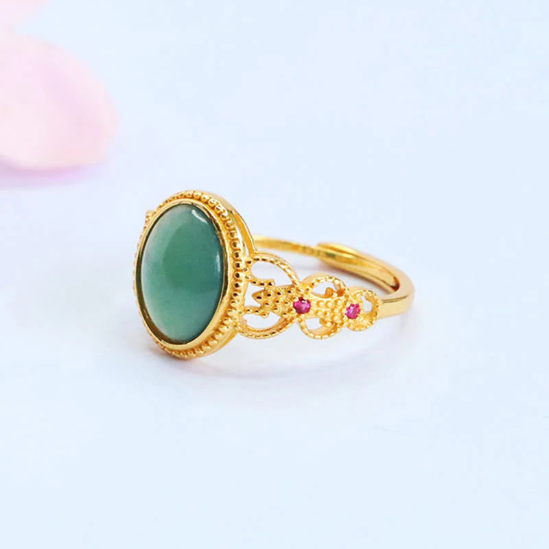 Anello portafortuna in giada con design cavo, placcato in oro e argento sterling 925 naturale Buddha Stones - Image 2