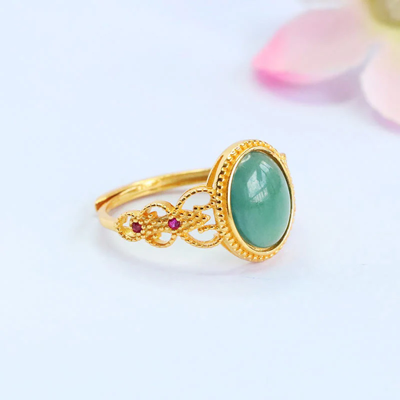 Anello portafortuna in giada con design cavo, placcato in oro e argento sterling 925 naturale Buddha Stones - Image 4