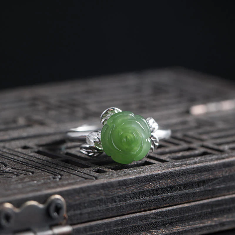 Anello regolabile Buddha Stones 925 Sterling Silver Jade Green Rose Luck - Image 3