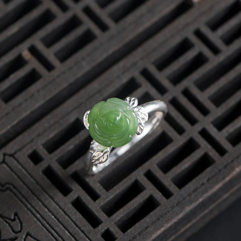Anello regolabile Buddha Stones 925 Sterling Silver Jade Green Rose Luck - Image 9