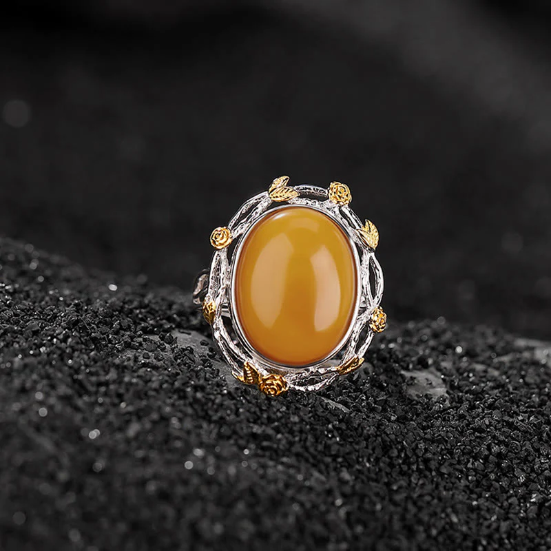 Anello regolabile Buddha Stones 990 Sterling Silver placcato oro Ambra Focus - Image 3