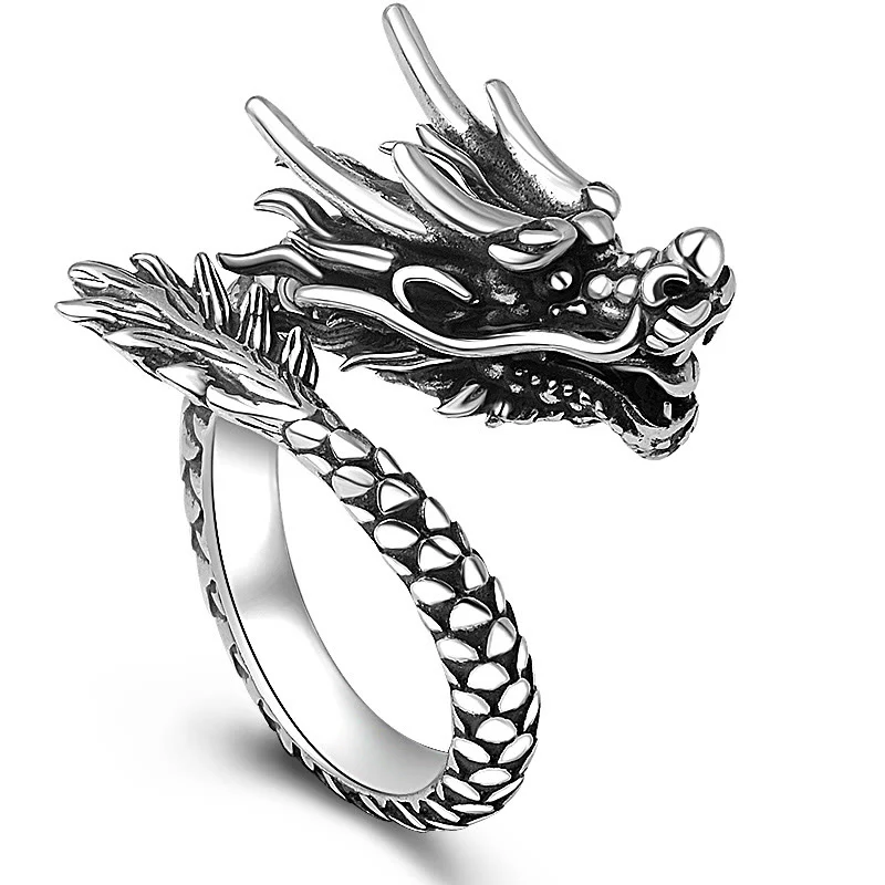 Anello regolabile Buddha Stones 990 Sterling Silver Vintage Dragon Design Luck Protection Strength