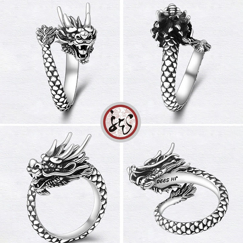 Anello regolabile Buddha Stones 990 Sterling Silver Vintage Dragon Design Luck Protection Strength - Image 10