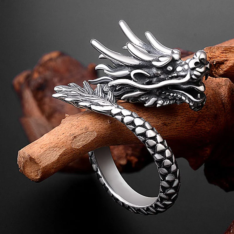 Anello regolabile Buddha Stones 990 Sterling Silver Vintage Dragon Design Luck Protection Strength - Image 2