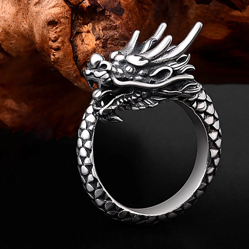 Anello regolabile Buddha Stones 990 Sterling Silver Vintage Dragon Design Luck Protection Strength - Image 3