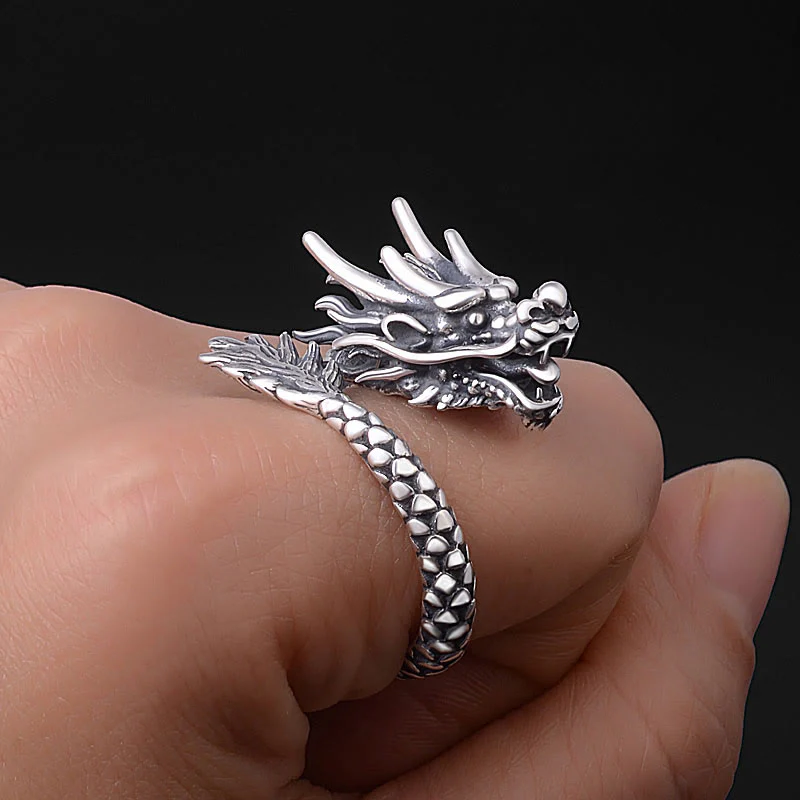 Anello regolabile Buddha Stones 990 Sterling Silver Vintage Dragon Design Luck Protection Strength - Image 6