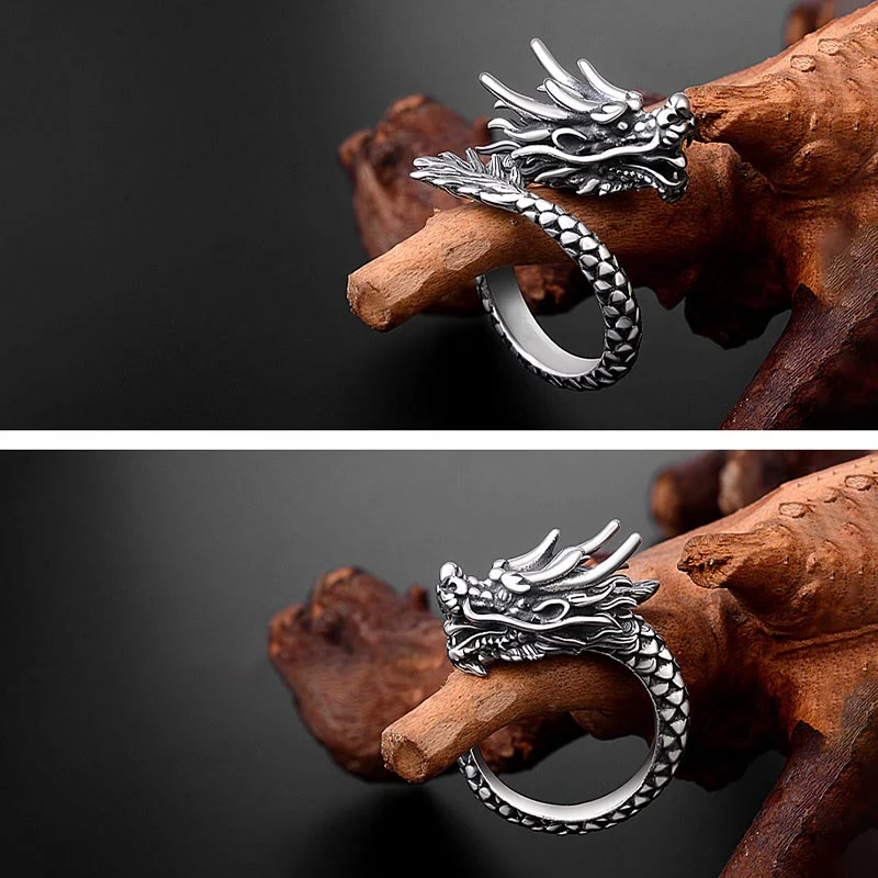Anello regolabile Buddha Stones 990 Sterling Silver Vintage Dragon Design Luck Protection Strength - Image 7