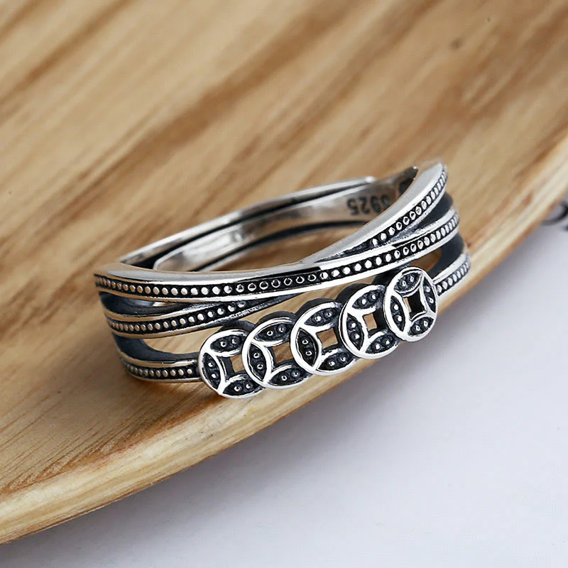 Anello regolabile Buddha Stones, argento sterling 925, monete di rame, benedizione della ricchezza - Image 2